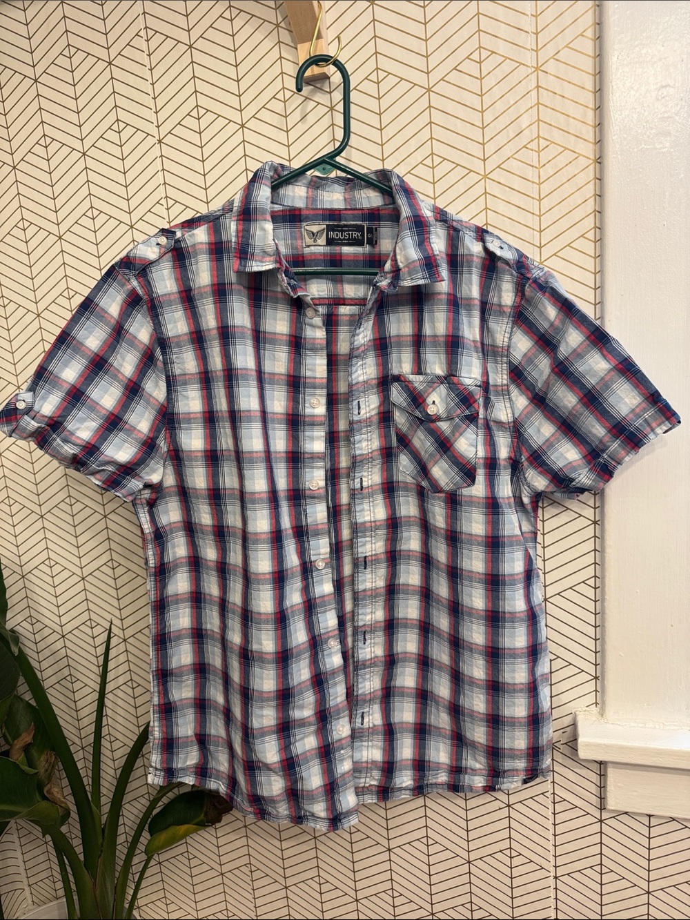 Industry Men’s Short-Sleeve Plaid Button-Up Shirt in Blue & Red